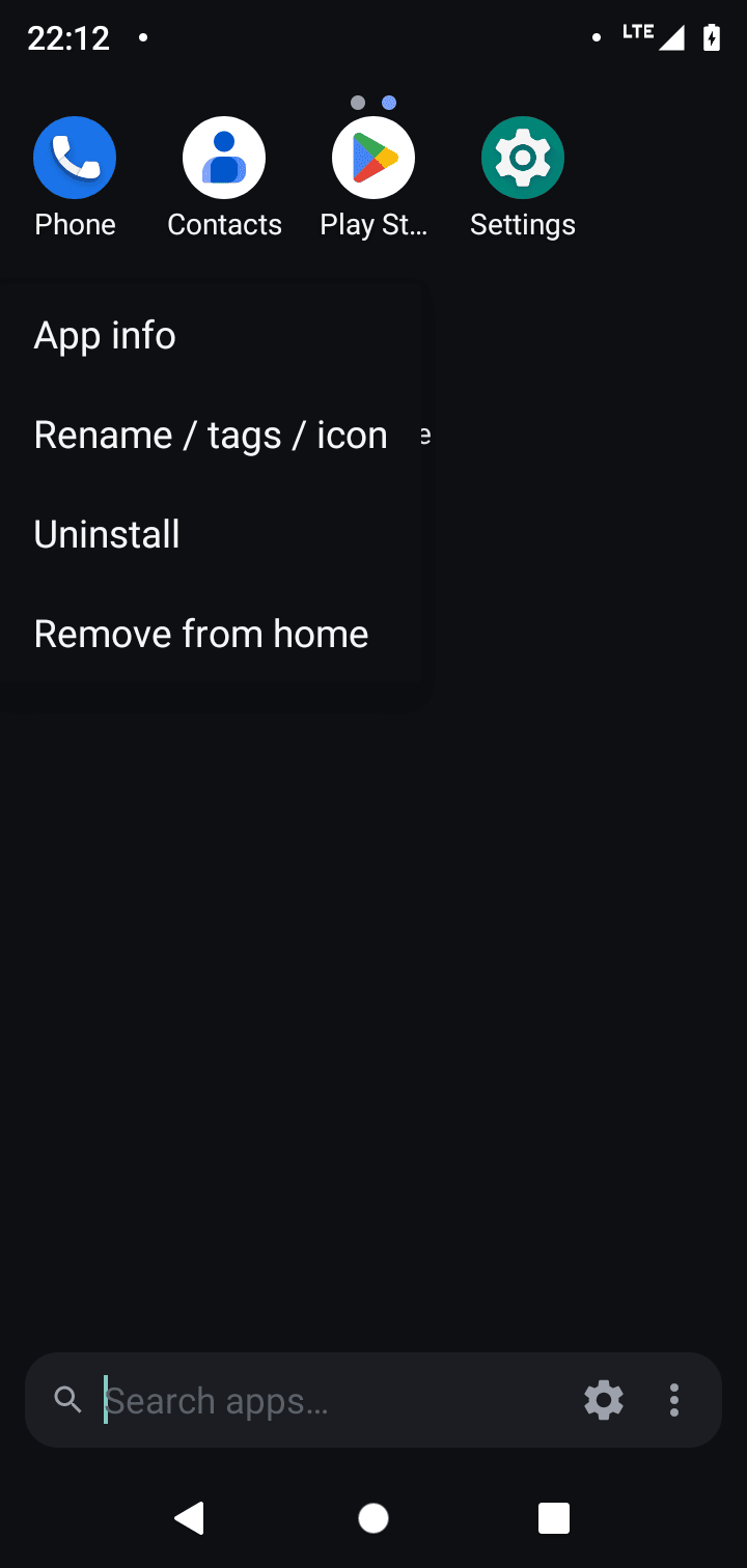Long-press menu with app info, rename, uninstall and remove