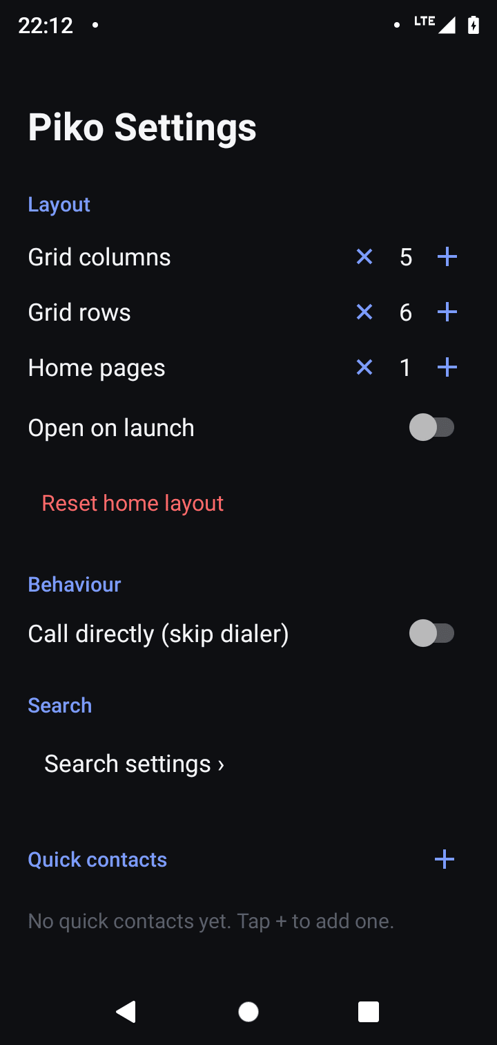 Layout and behaviour settings
