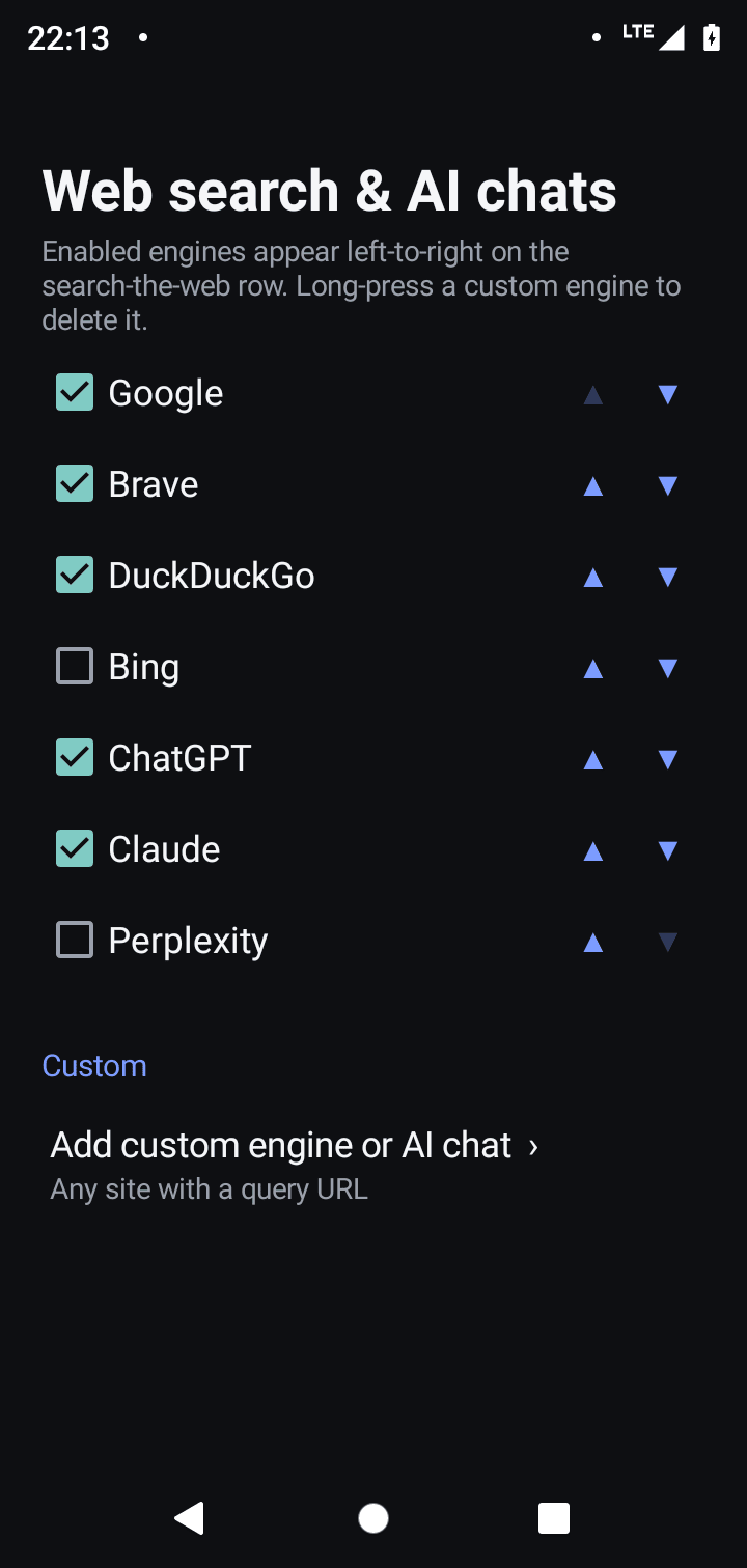 Reorderable list of web search engines and AI chats