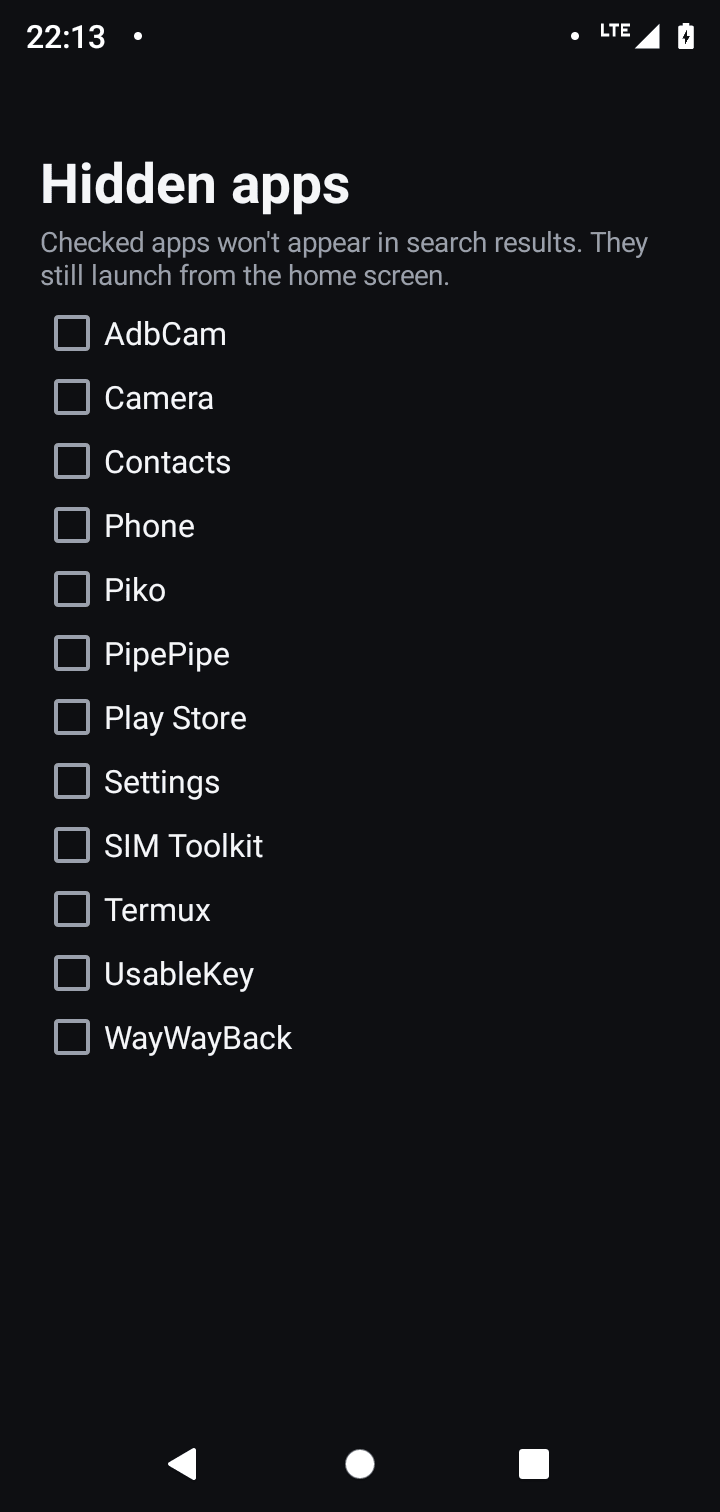 Hidden apps screen